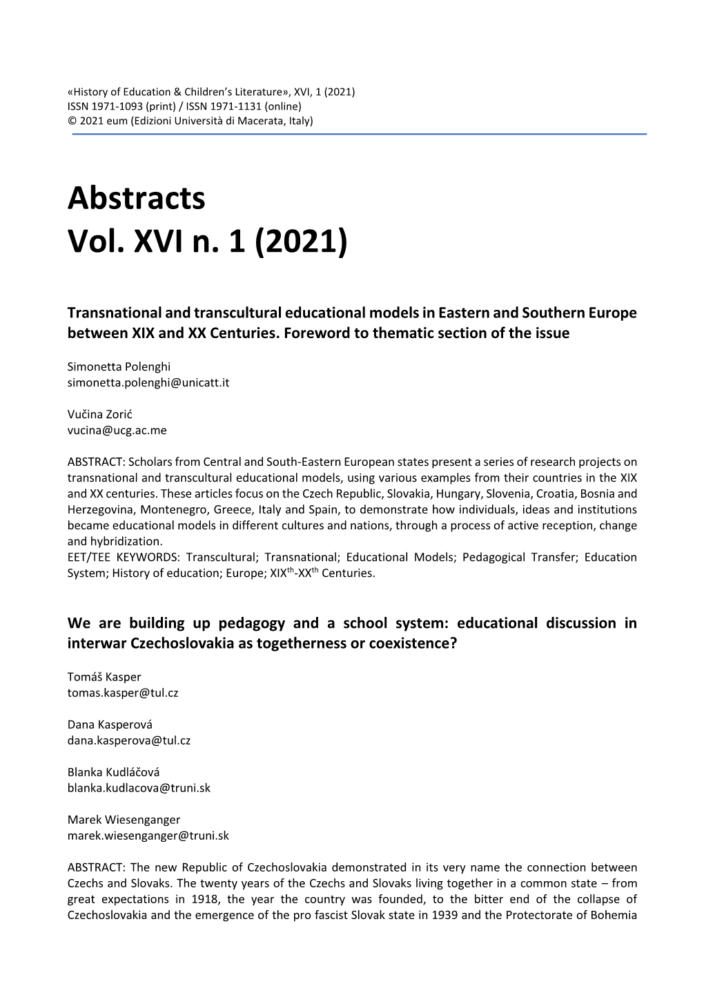 Abstracts Vol. XVI N. 1 (2021)