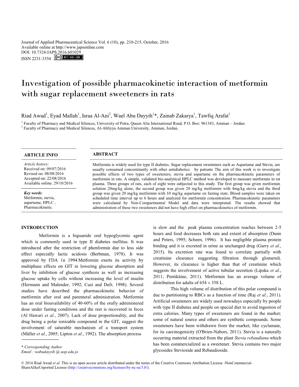 Investigation of Possible Pharmacokinetic Interaction of Metformin with Sugar Replacement Sweeteners in Rats