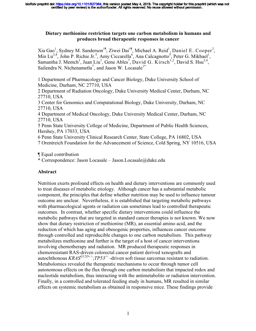 1 Dietary Methionine Restriction Targets One Carbon Metabolism in Humans