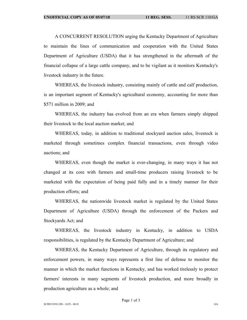 A CONCURRENT RESOLUTION Urging the Kentucky Department of Agriculture to Maintain the Lines