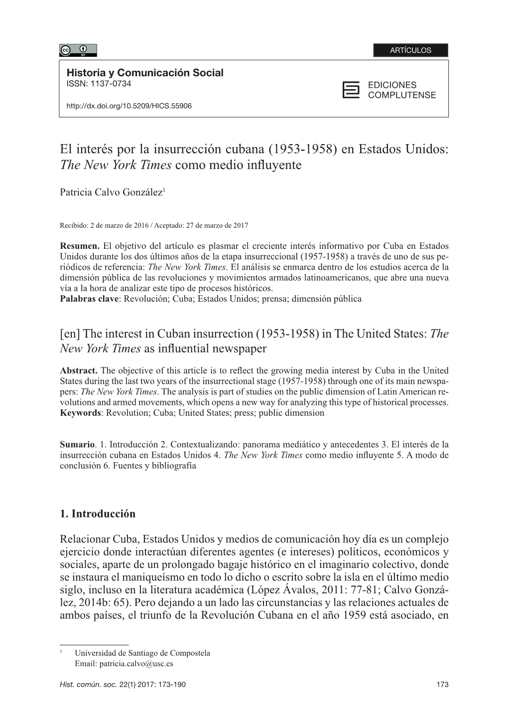 El Interés Por La Insurrección Cubana (1953-1958) En Estados Unidos: the New York Times Como Medio Influyente