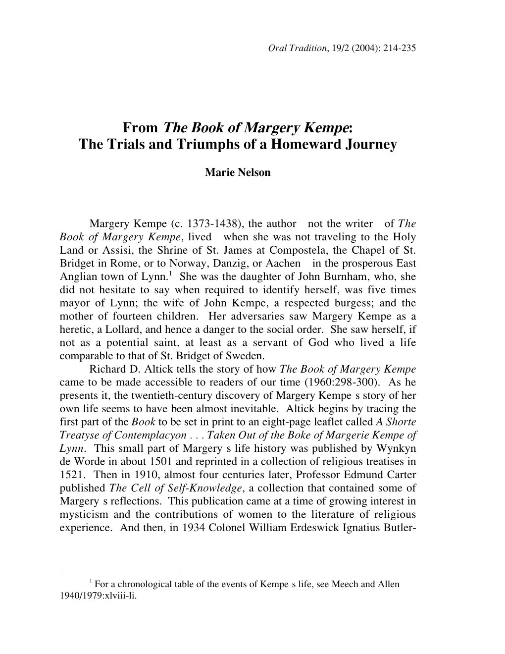 From the Book of Margery Kempe: the Trials and Triumphs of a Homeward Journey