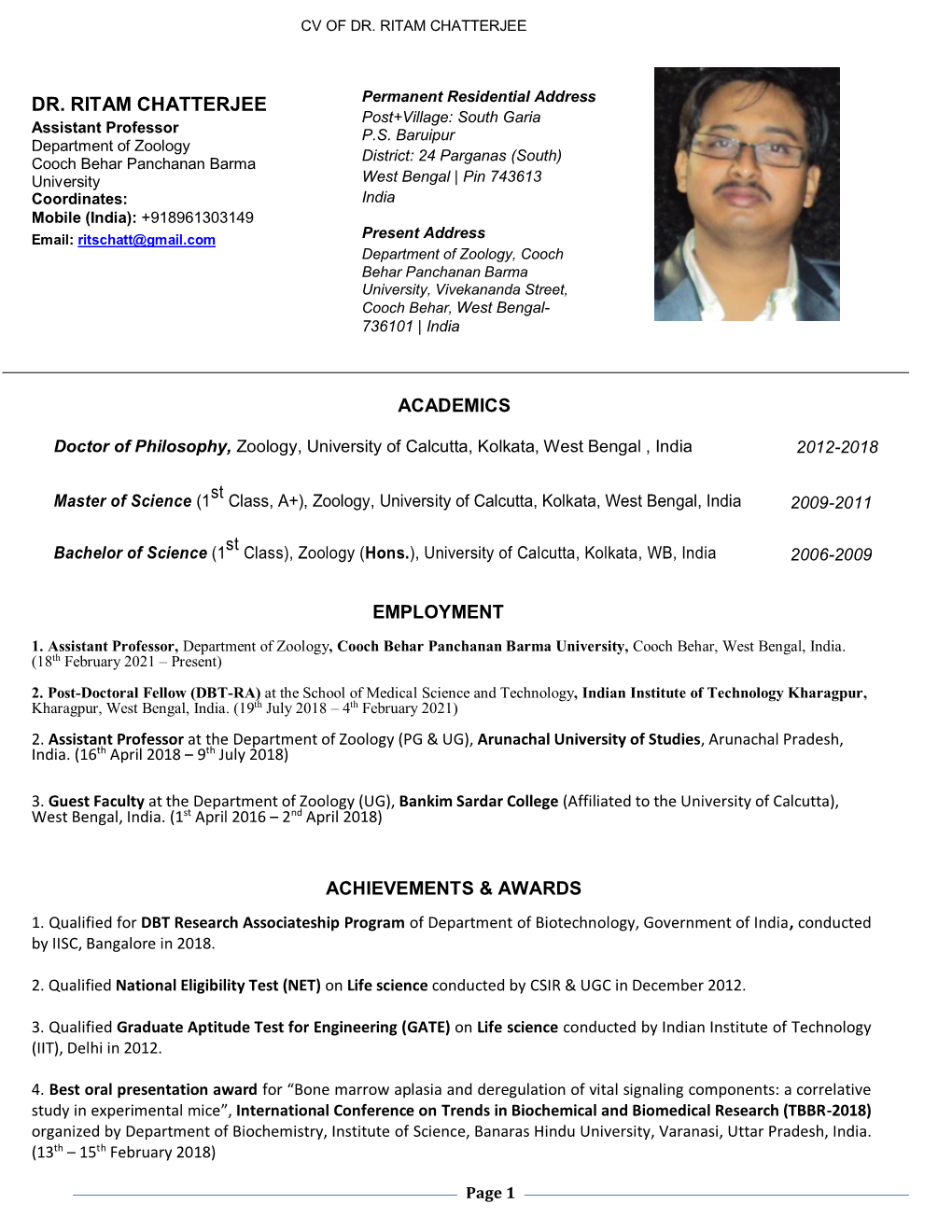 Dr. Ritam Chatterjee Academics Employment Achievements & Awards