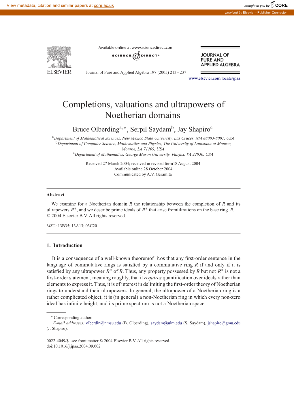 Completions, Valuations and Ultrapowers of Noetherian Domains