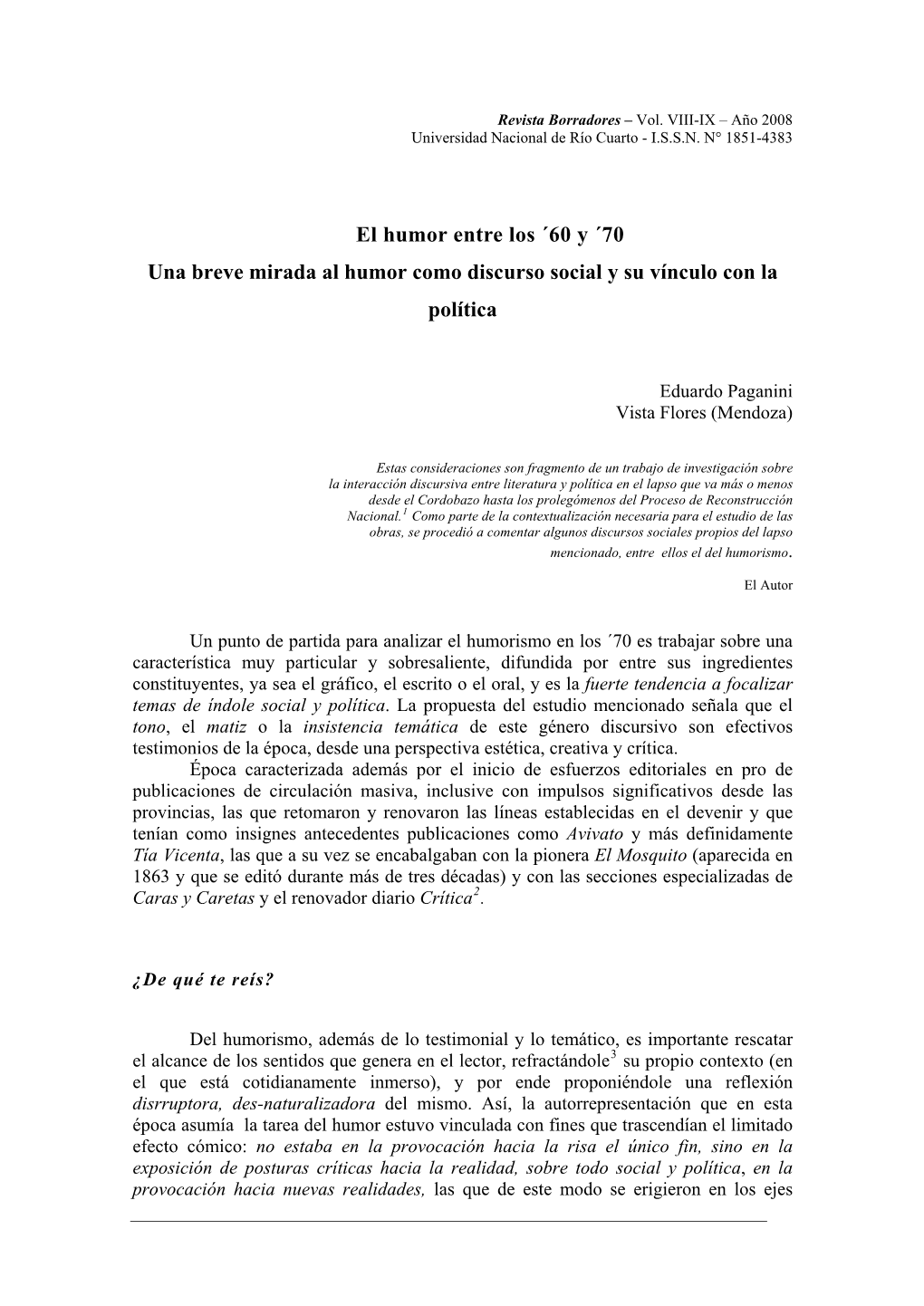 El Humor Entre Los ´60 Y ´70 Una Breve Mirada Al Humor Como Discurso Social Y Su Vínculo Con La Política