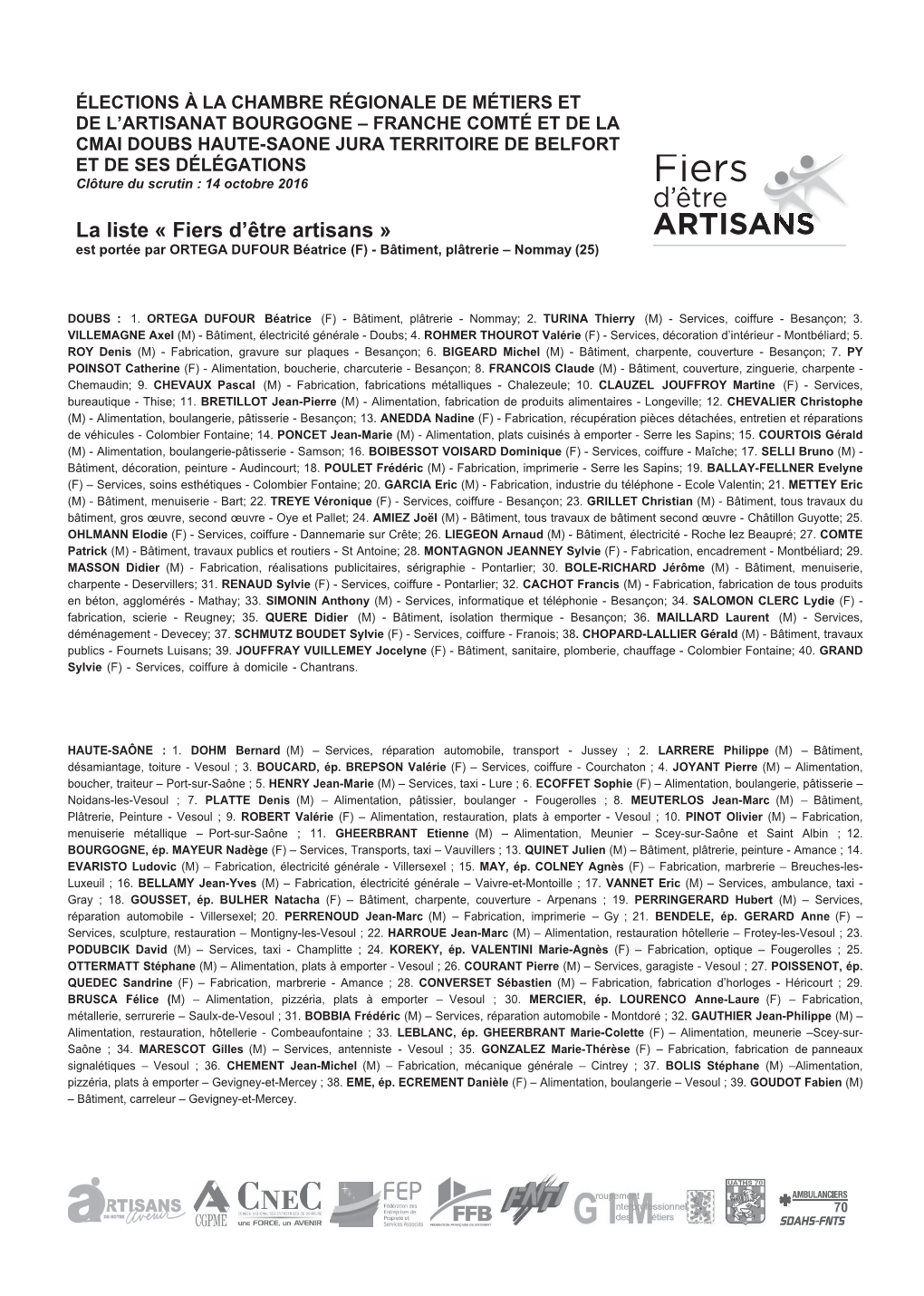 La Liste « Fiers D'être Artisans »