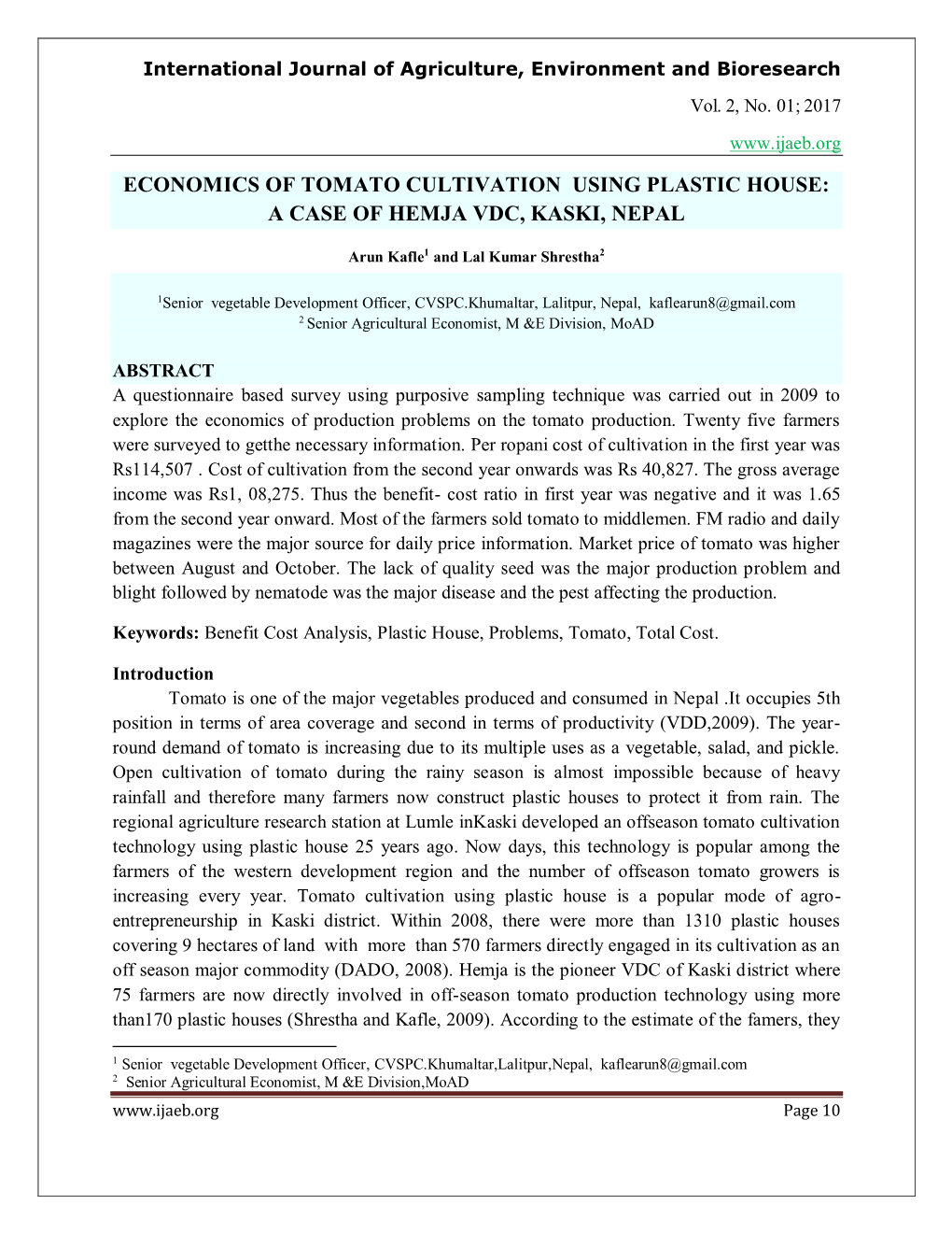 Economics of Tomato Cultivation Using Plastic House: a Case of Hemja Vdc, Kaski, Nepal