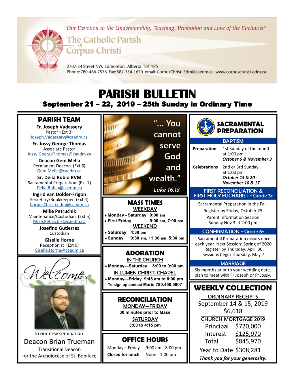 PARISH BULLETIN September 21 – 22, 2019 – 25Th Sunday in Ordinary Time