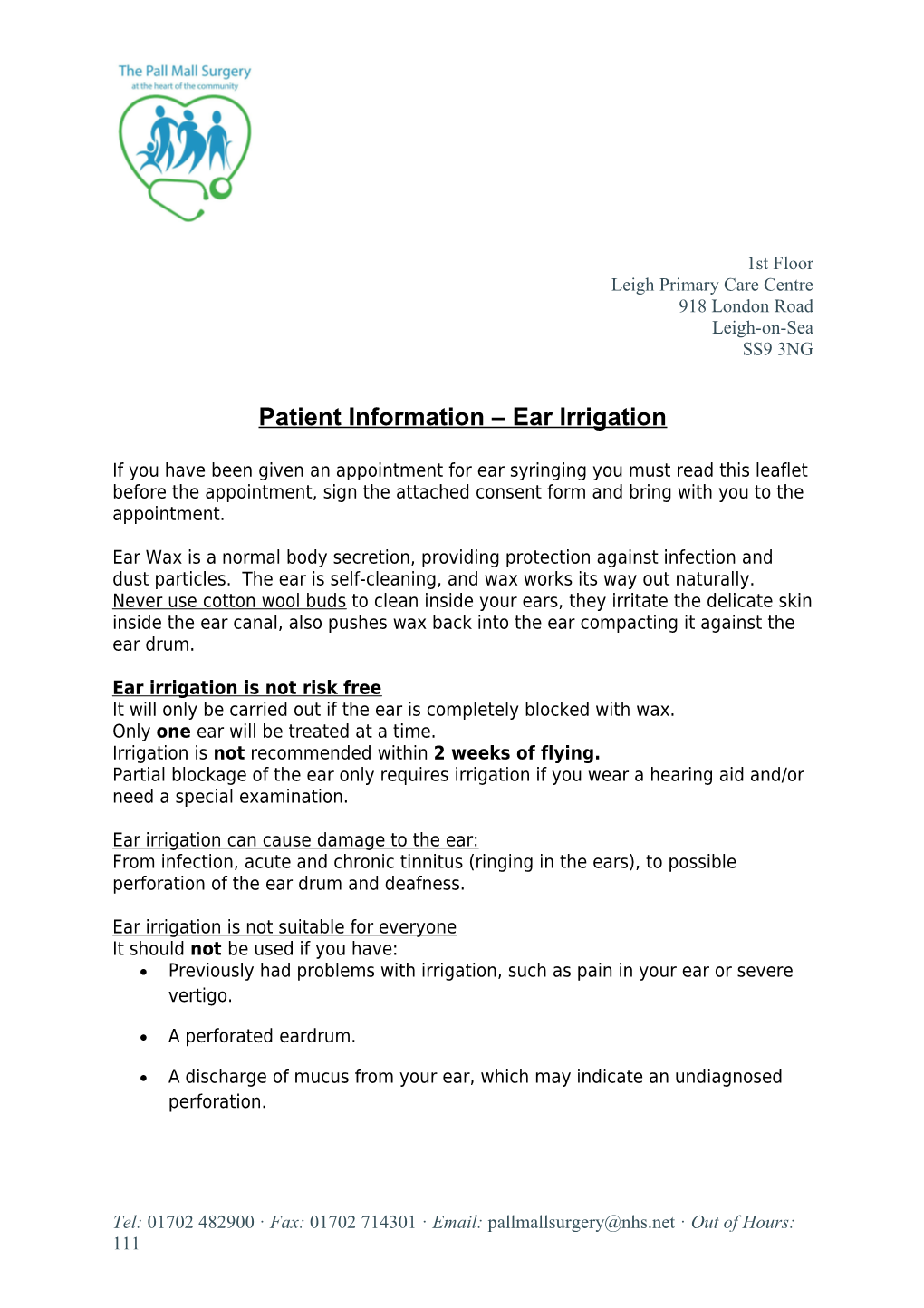 Patient Information Ear Irrigation