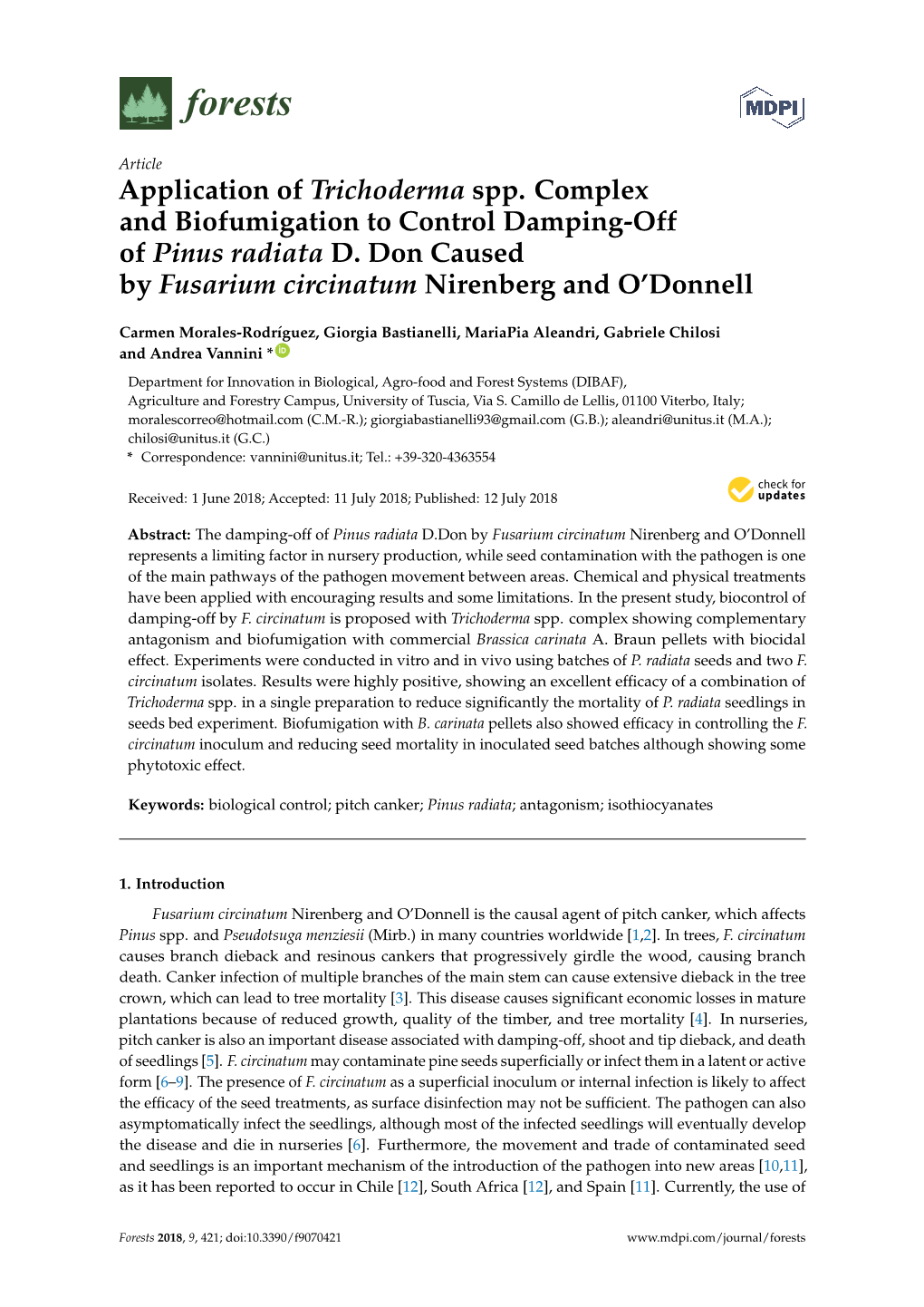 Application of Trichoderma Spp. Complex and Biofumigation to Control Damping-Off of Pinus Radiata D