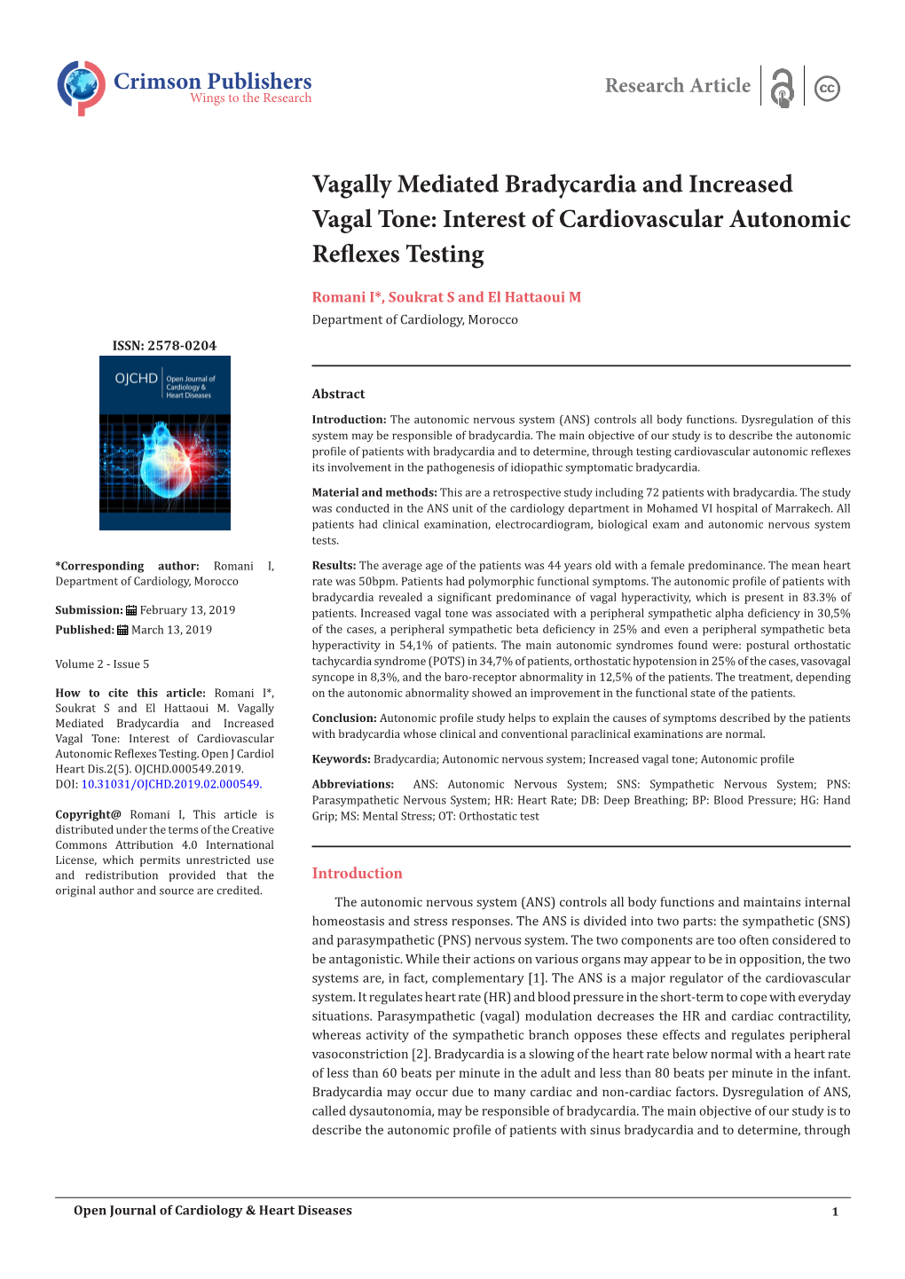 Vagally Mediated Bradycardia and Increased Vagal Tone: Interest of Cardiovascular Autonomic Reflexes Testing