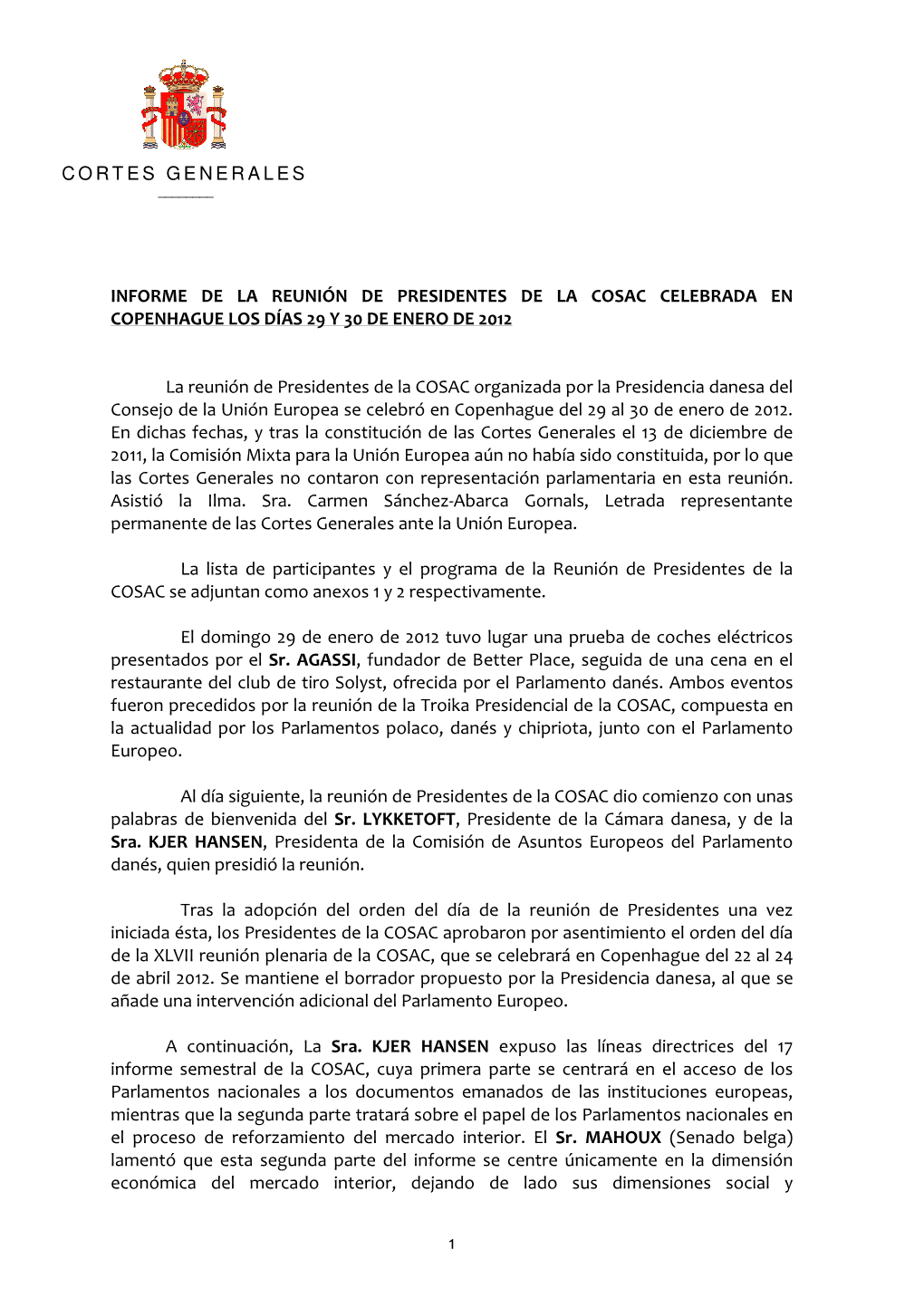 Cortes Generales 1 Informe De La Reunión De