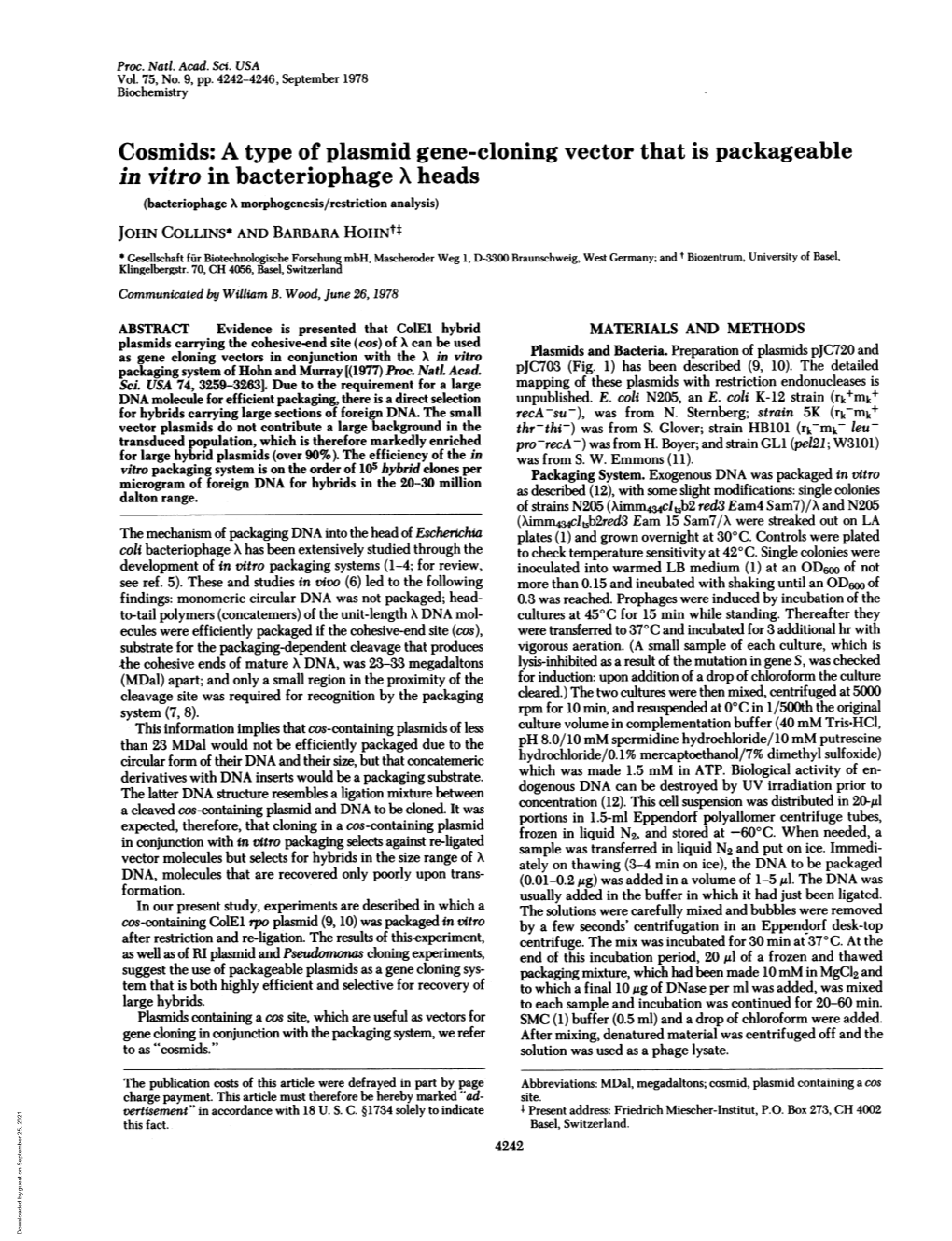 Cosmids: a Type of Plasmid Gene-Cloning Vector That Is Packageable in Vitro in Bacteriophage X Heads