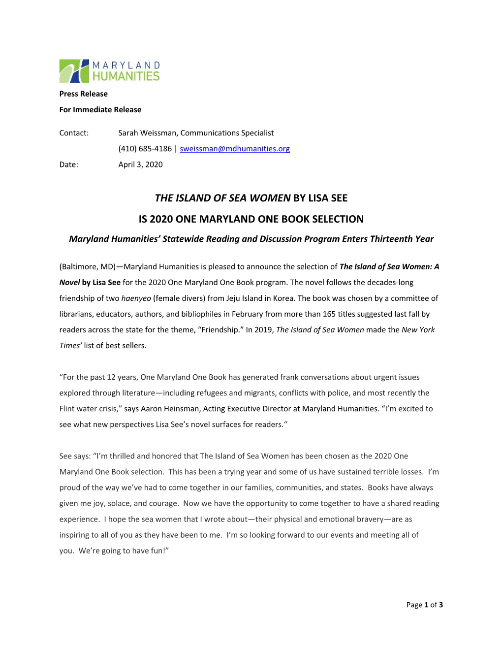 THE ISLAND of SEA WOMEN by LISA SEE IS 2020 ONE MARYLAND ONE BOOK SELECTION Maryland Humanities’ Statewide Reading and Discussion Program Enters Thirteenth Year