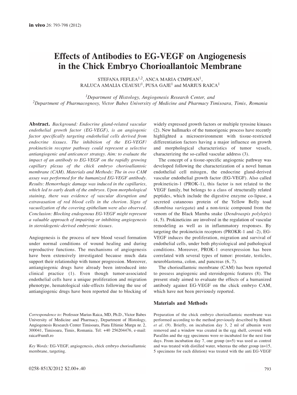 Effects of Antibodies to EG-VEGF on Angiogenesis in the Chick Embryo Chorioallantoic Membrane