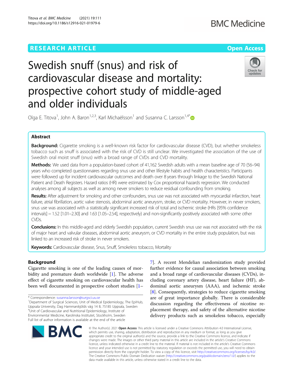 Swedish Snuff (Snus) and Risk of Cardiovascular Disease and Mortality: Prospective Cohort Study of Middle-Aged and Older Individuals Olga E