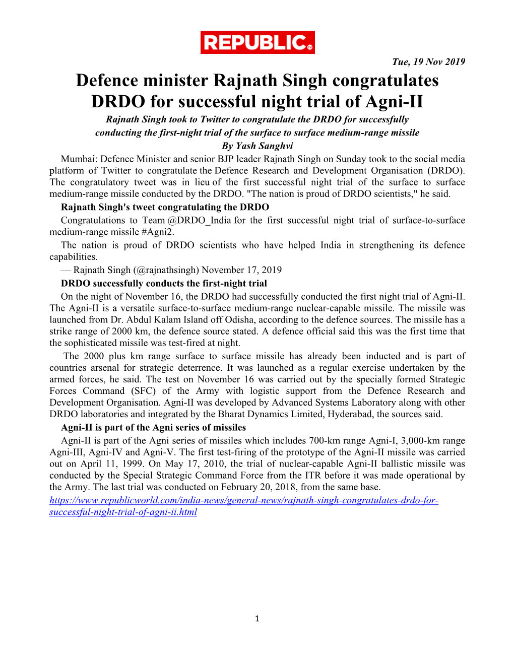 Defence Minister Rajnath Singh Congratulates DRDO for Successful Night Trial of Agni-II