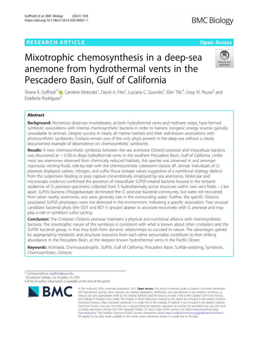 Mixotrophic Chemosynthesis in a Deep-Sea Anemone from Hydrothermal Vents in the Pescadero Basin, Gulf of California Shana K