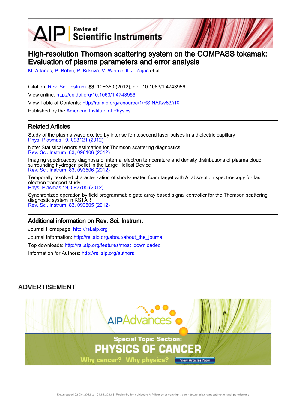 High-Resolution Thomson Scattering System on the COMPASS Tokamak: Evaluation of Plasma Parameters and Error Analysis M