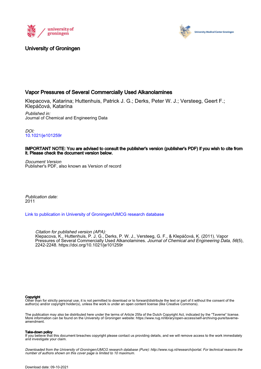 University of Groningen Vapor Pressures of Several Commercially