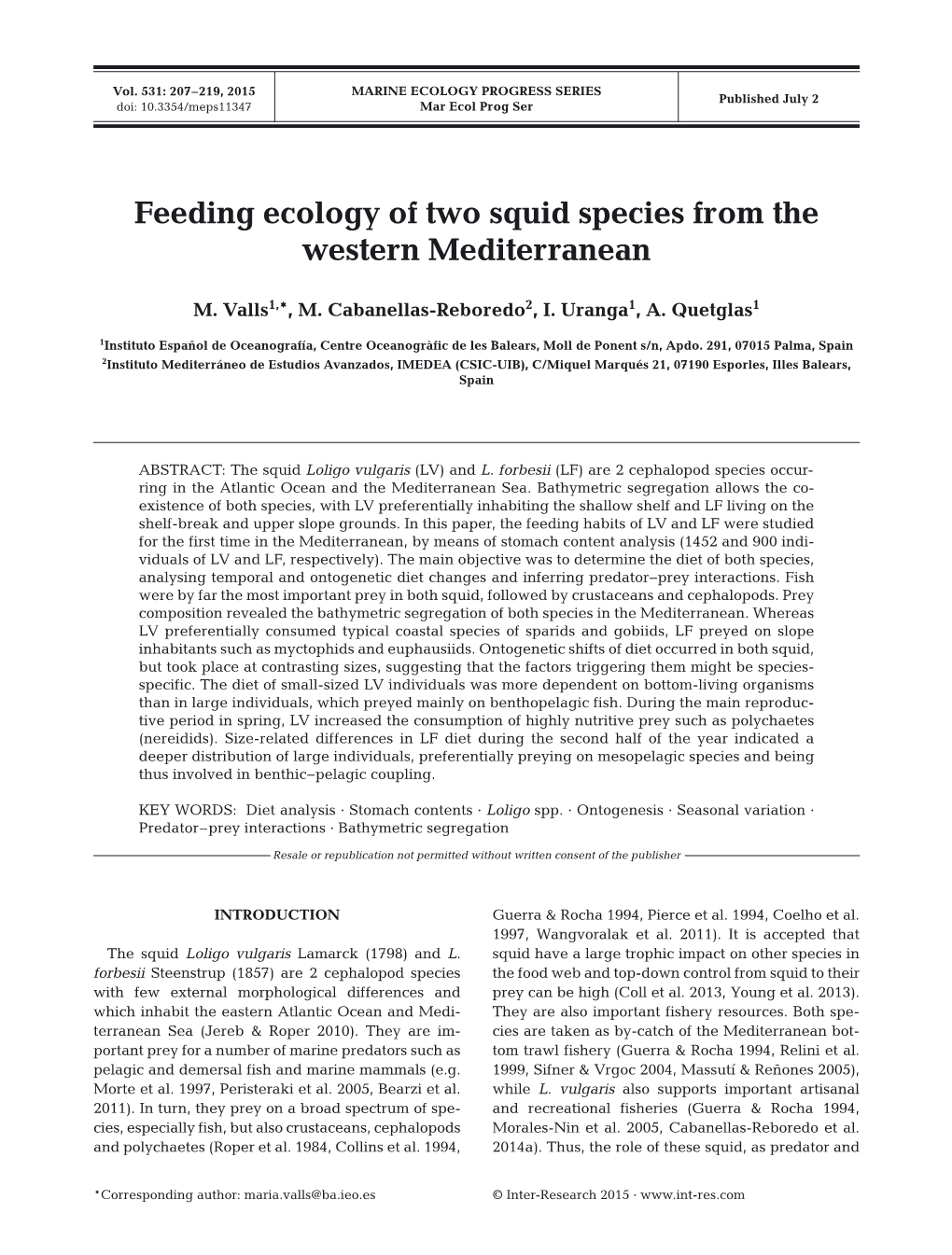 Feeding Ecology of Two Squid Species from the Western Mediterranean