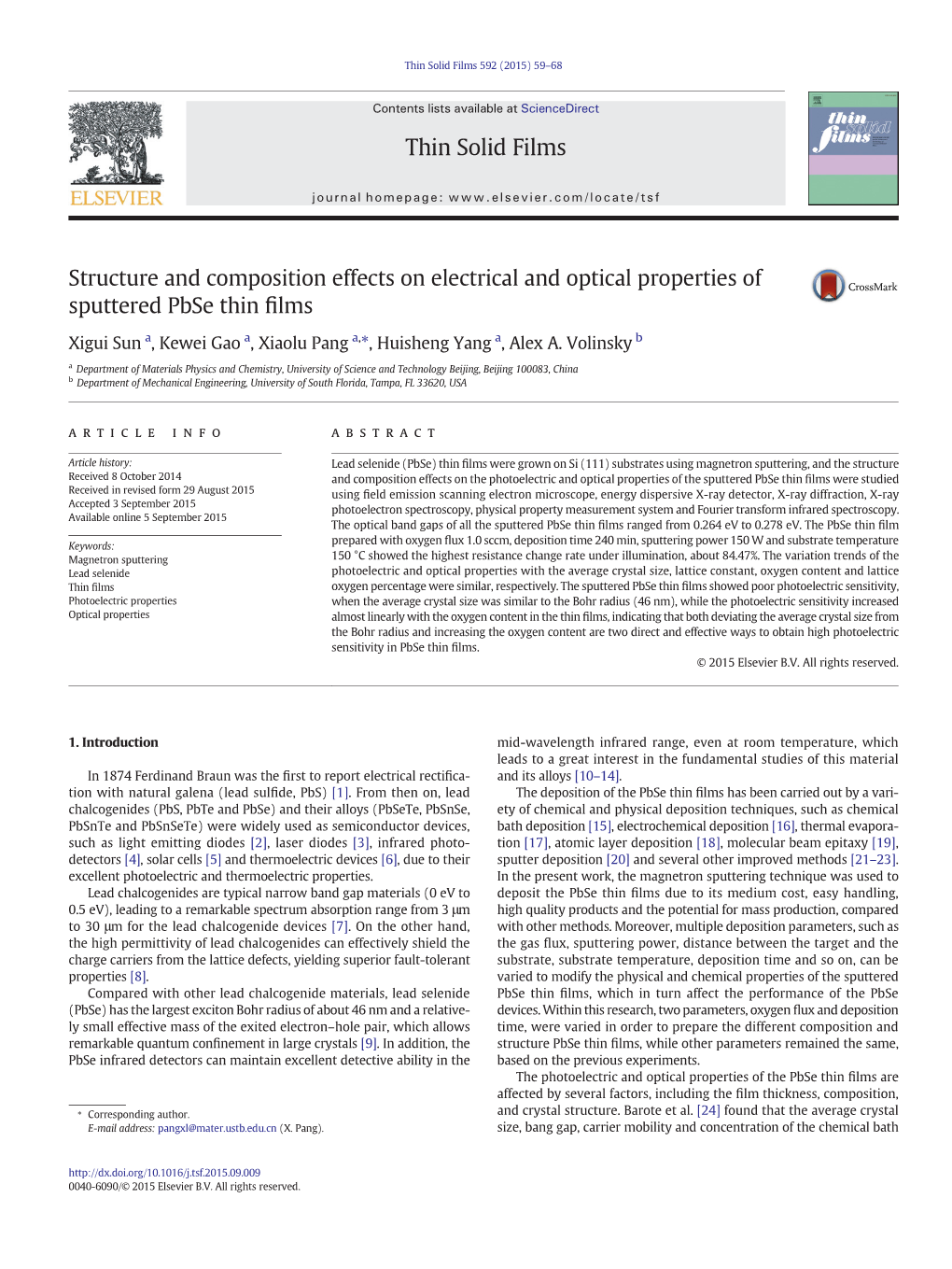 Structure and Composition Effects on Electrical and Optical Properties of Sputtered Pbse Thin ﬁlms