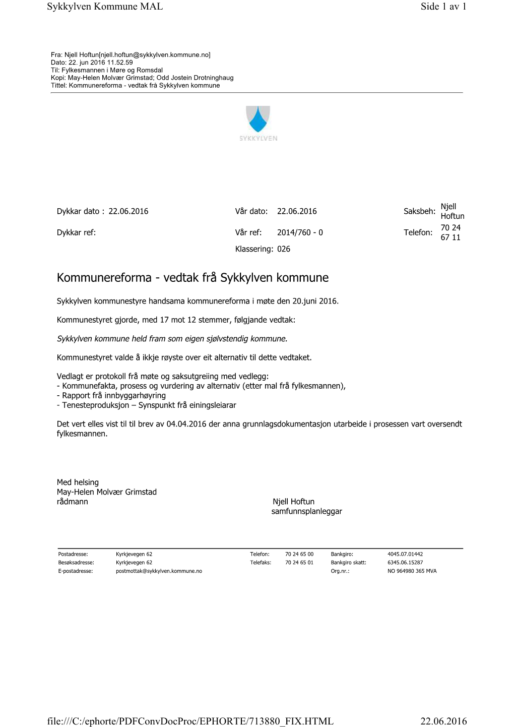 Kommunereforma - Vedtak Frå Sykkylven Kommune