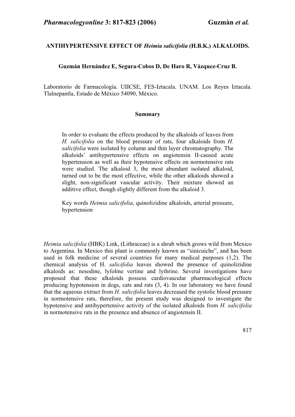 Pharmacologyonline 3: 817-823 (2006) Guzmàn Et Al