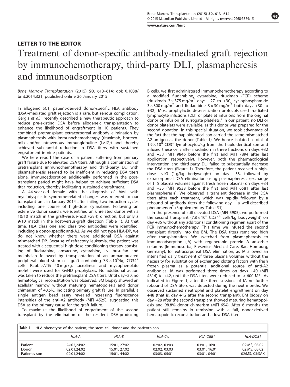 Treatment of Donor-Specific Antibody-Mediated Graft Rejection by Immunochemotherapy, Third-Party DLI, Plasmapheresis and Immunoa