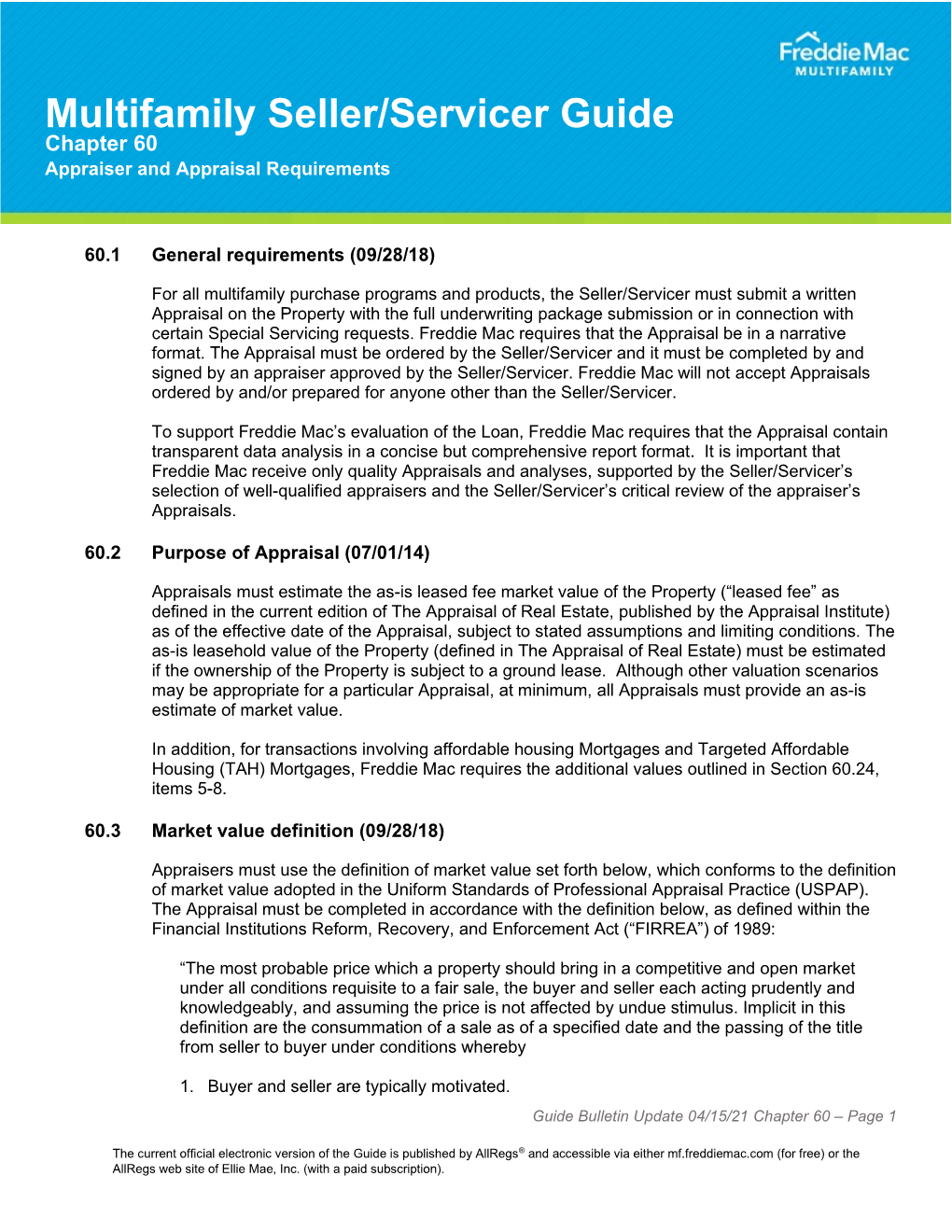 Chapter 60 Appraiser and Appraisal Requirements