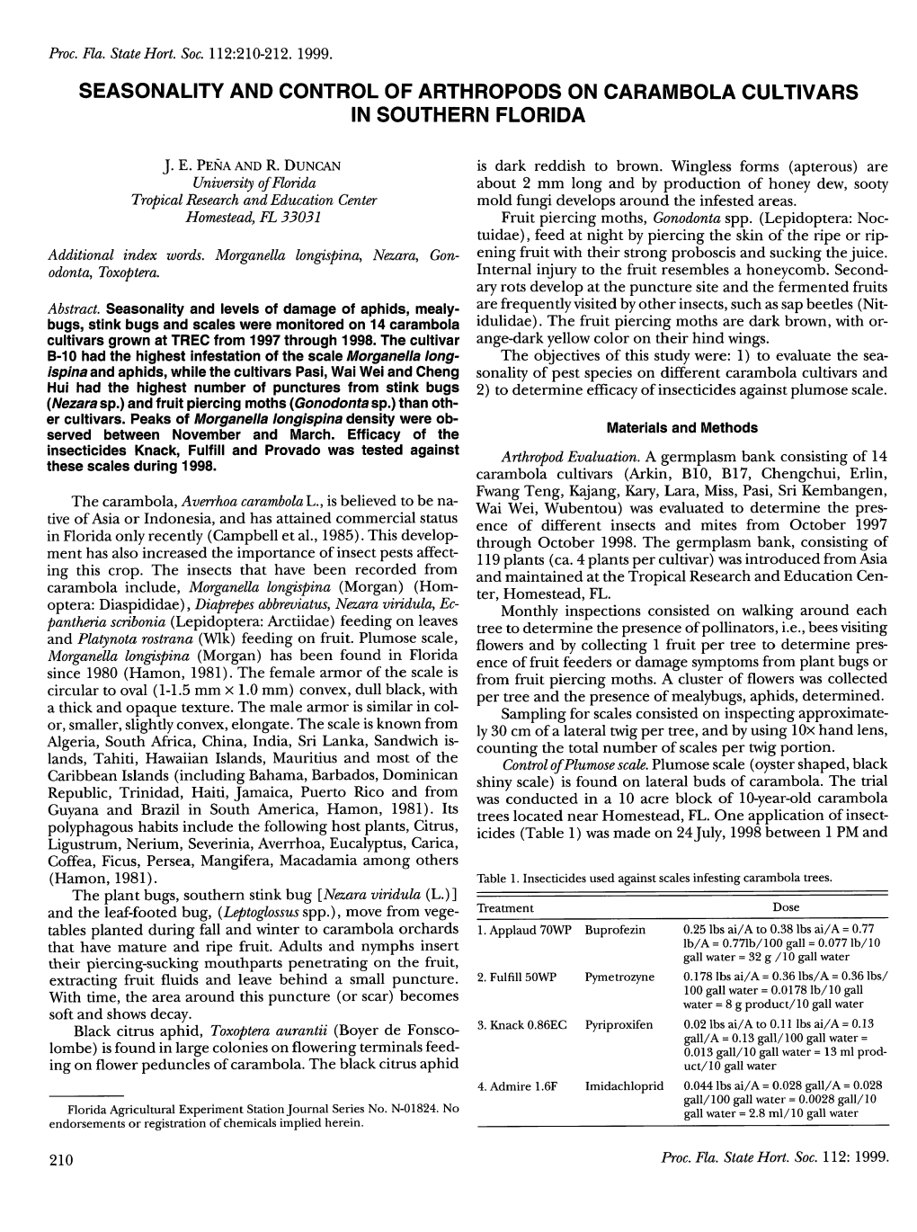 Seasonality and Control of Arthropods on Carambola Cultivars in Southern Florida