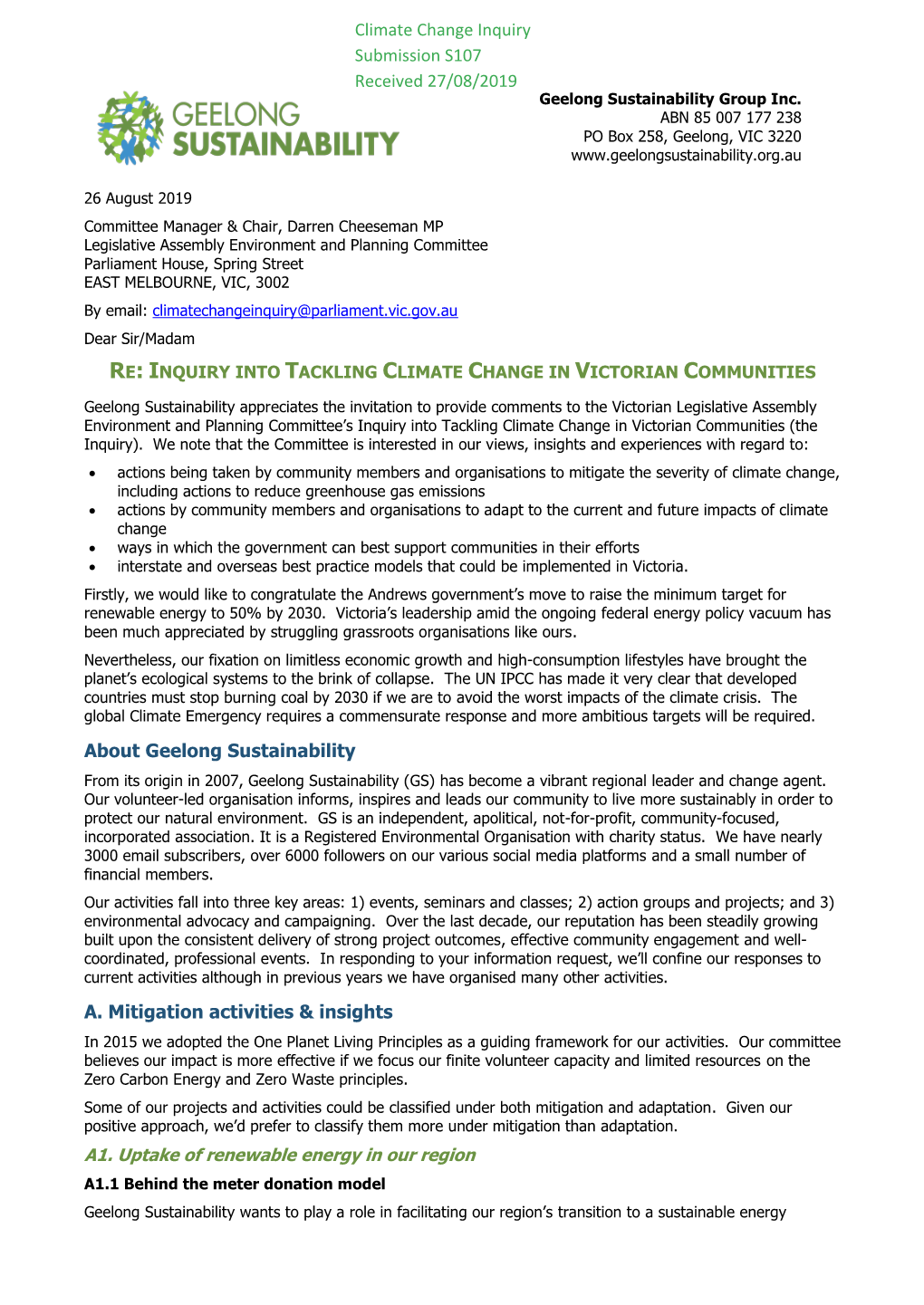 About Geelong Sustainability A. Mitigation Activities & Insights Climate Change Inquiry Submission S107 Received 27/08/2019