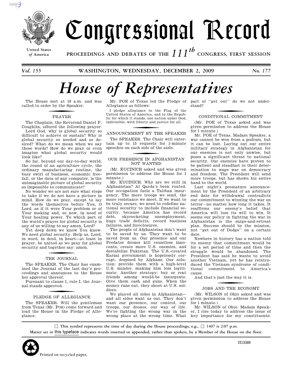 Congressional Record United States Th of America PROCEEDINGS and DEBATES of the 111 CONGRESS, FIRST SESSION