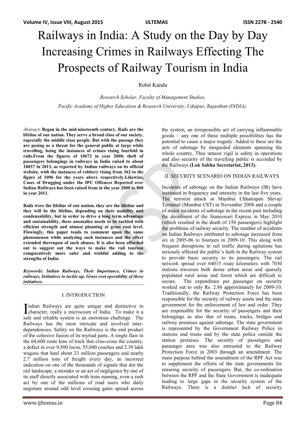 Railways in India: a Study on the Day by Day Increasing Crimes in Railways Effecting the Prospects of Railway Tourism in India