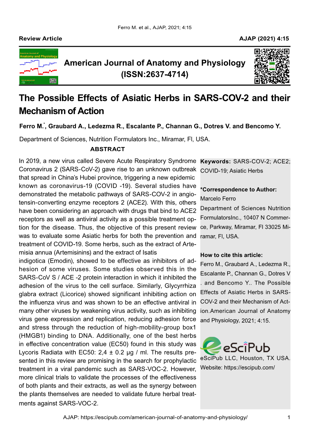 The Possible Effects of Asiatic Herbs in SARS-COV-2 and Their Mechanism of Action