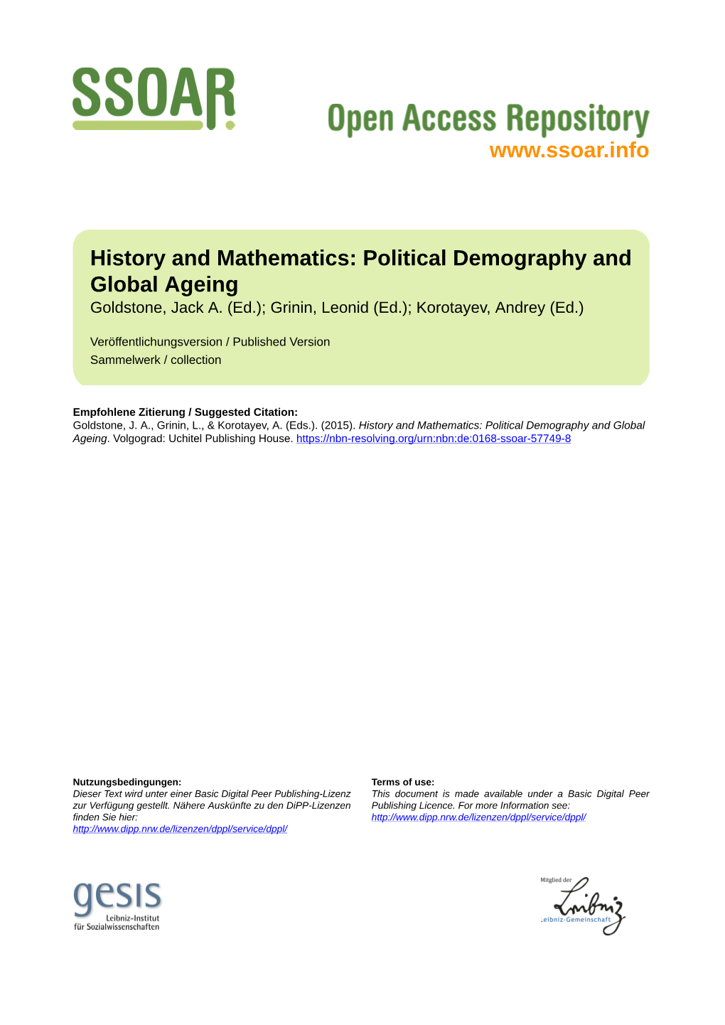 History and Mathematics: Political Demography and Global Ageing Goldstone, Jack A