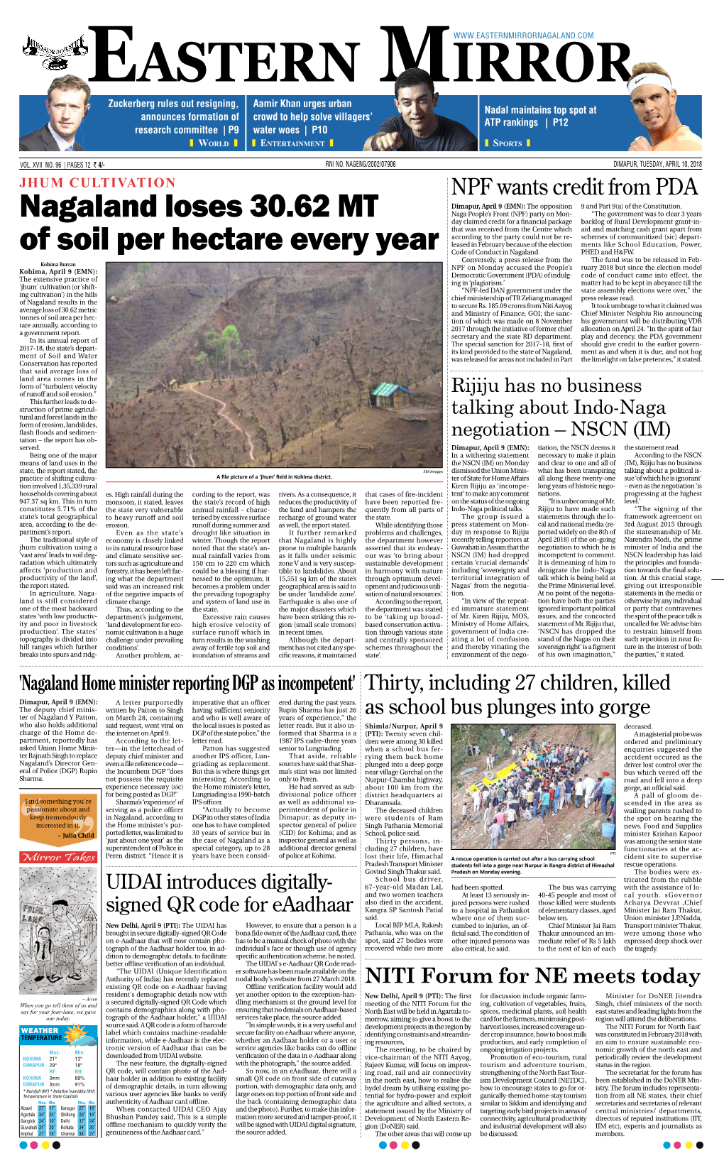 Nagaland Loses 30.62 MT of Soil Per Hectare Every