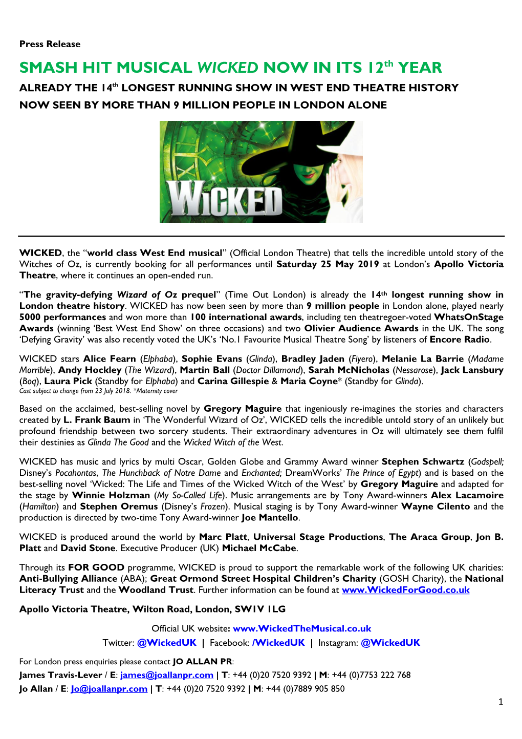 SMASH HIT MUSICAL WICKED NOW in ITS 12Th YEAR
