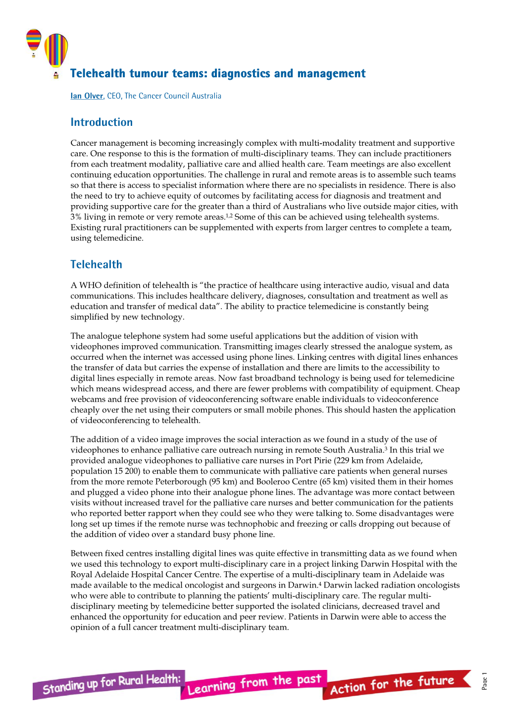 Telehealth Tumour Teams: Diagnostics and Management