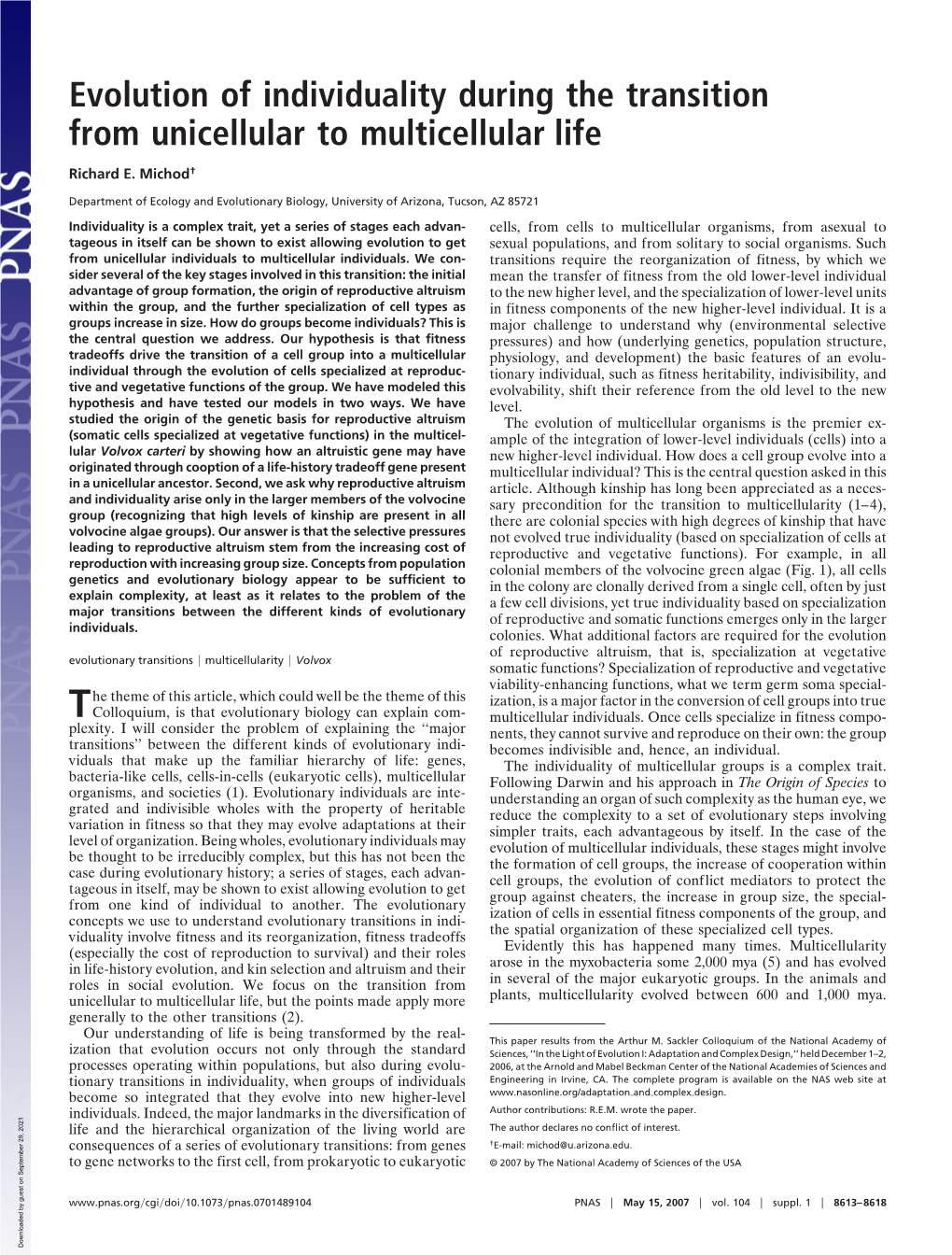 Evolution of Individuality During the Transition from Unicellular to Multicellular Life