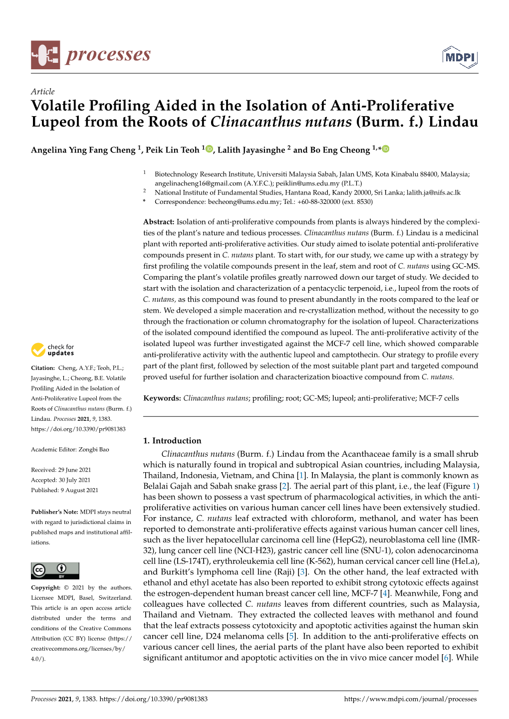 Volatile Profiling Aided in the Isolation of Anti-Proliferative Lupeol from The