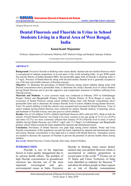 Dental Fluorosis and Fluoride in Urine in School Students Living in a Rural Area of West Bengal, India