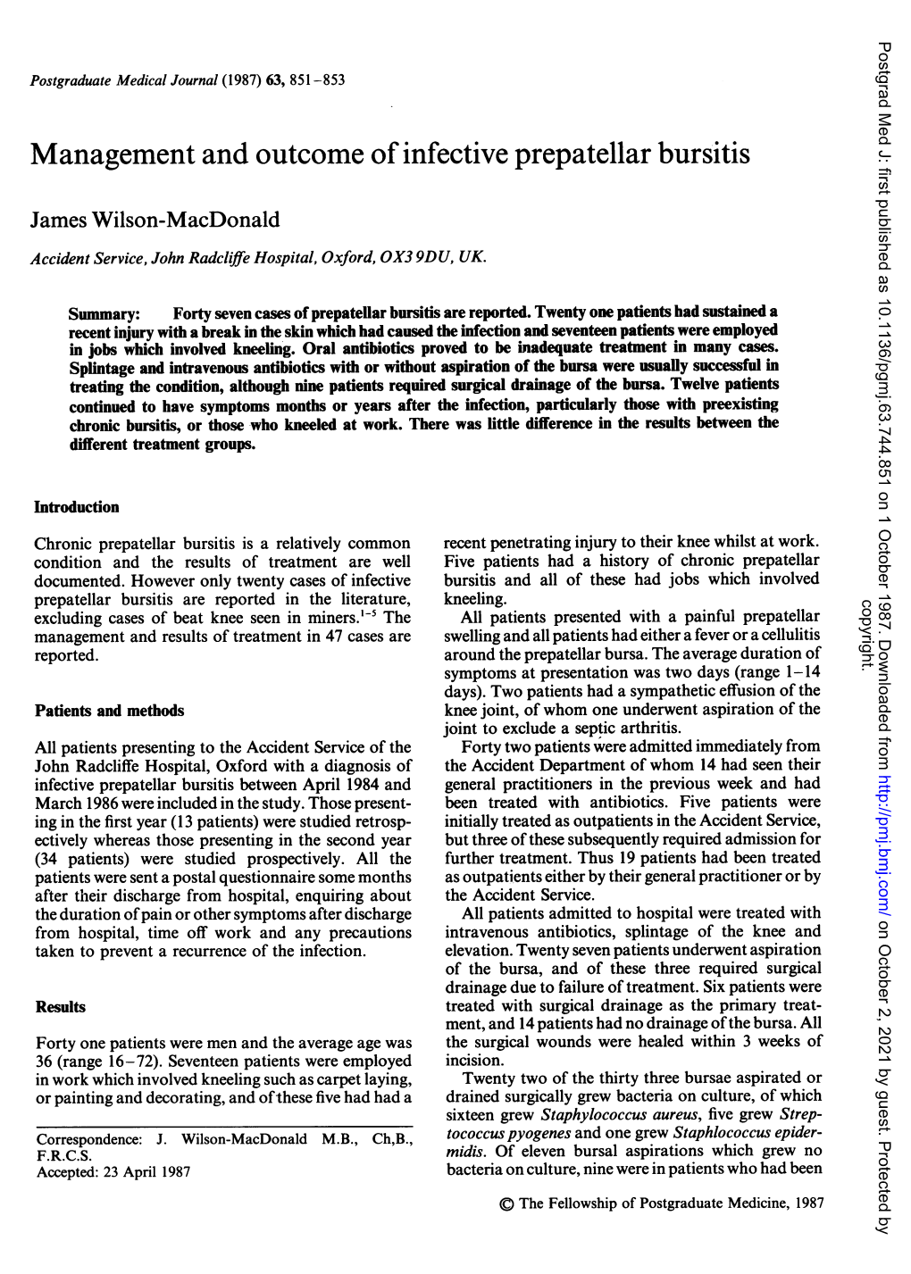 Management and Outcome of Infective Prepatellar Bursitis