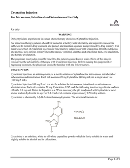 Cytarabine Injection for Intravenous, Intrathecal and Subcutaneous Use Only