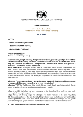 FEDERATION INTERNATIONALE DE L'automobile Press Information 2015 Italian Grand Prix Sunday Race Press Conference Transcript