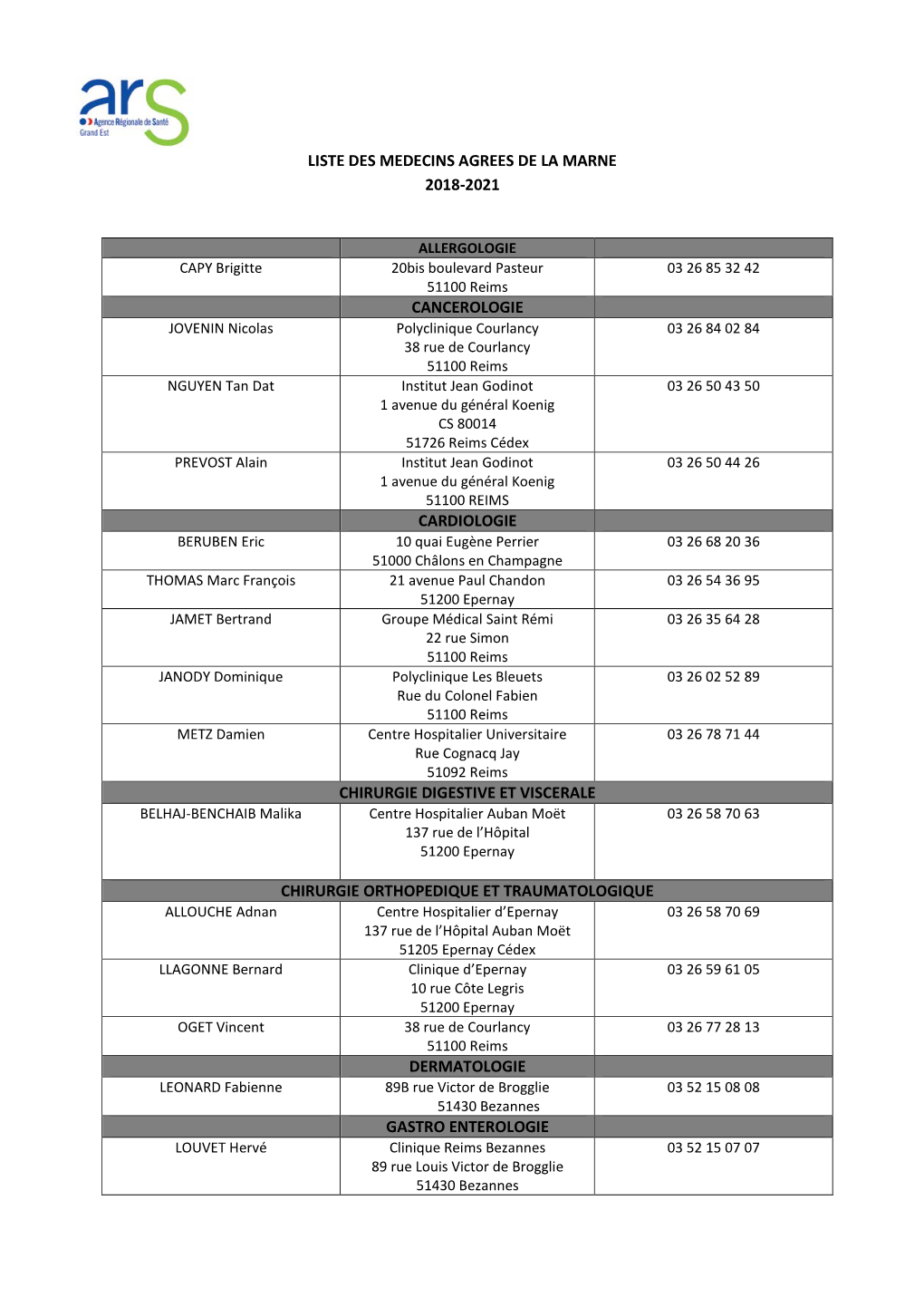 Liste Des Medecins Agrees De La Marne 2018-2021