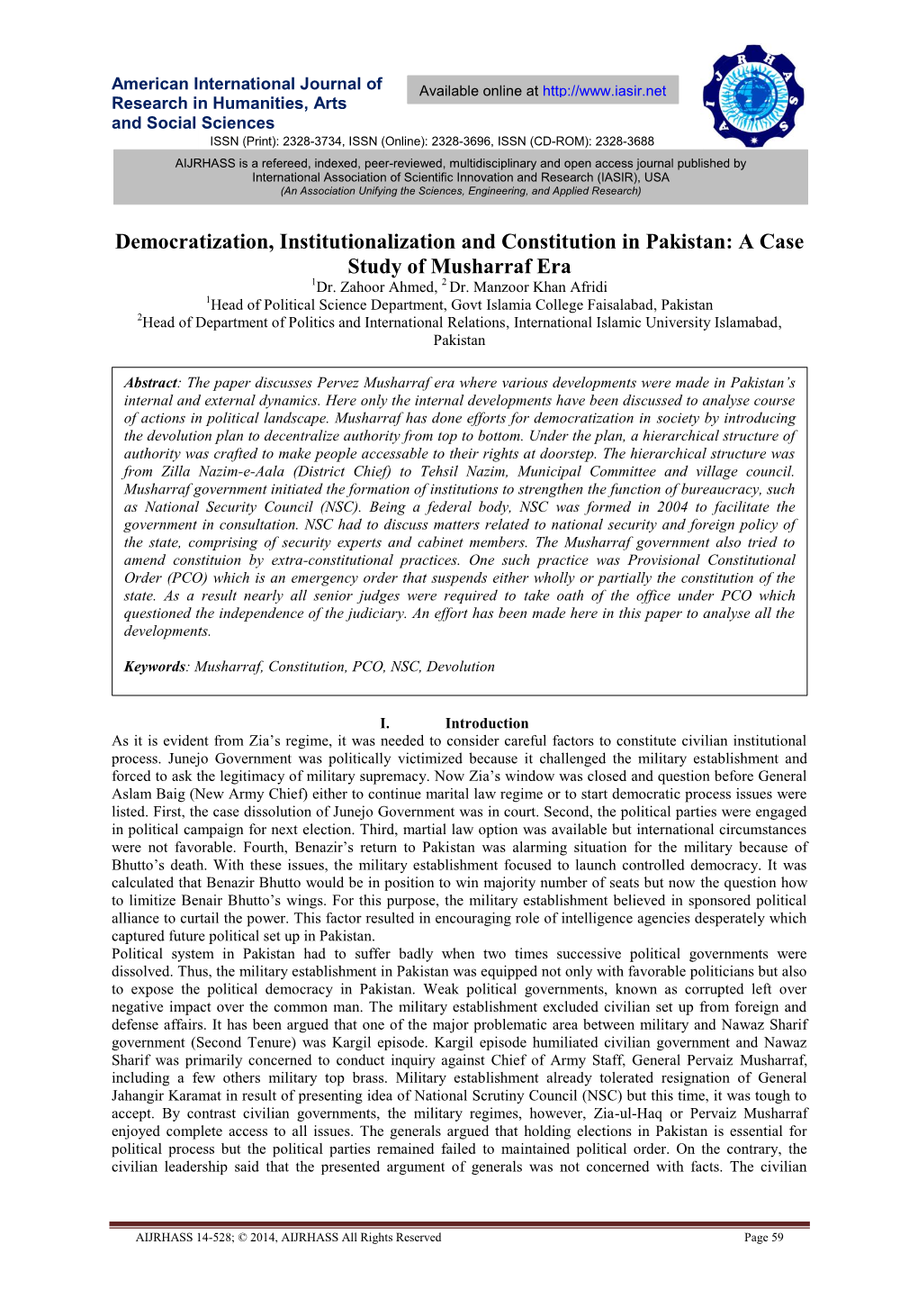 Democratization, Institutionalization and Constitution in Pakistan: a Case Study of Musharraf Era 1Dr