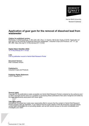 Application of Guar Gum for the Removal of Dissolved Lead from Wastewater