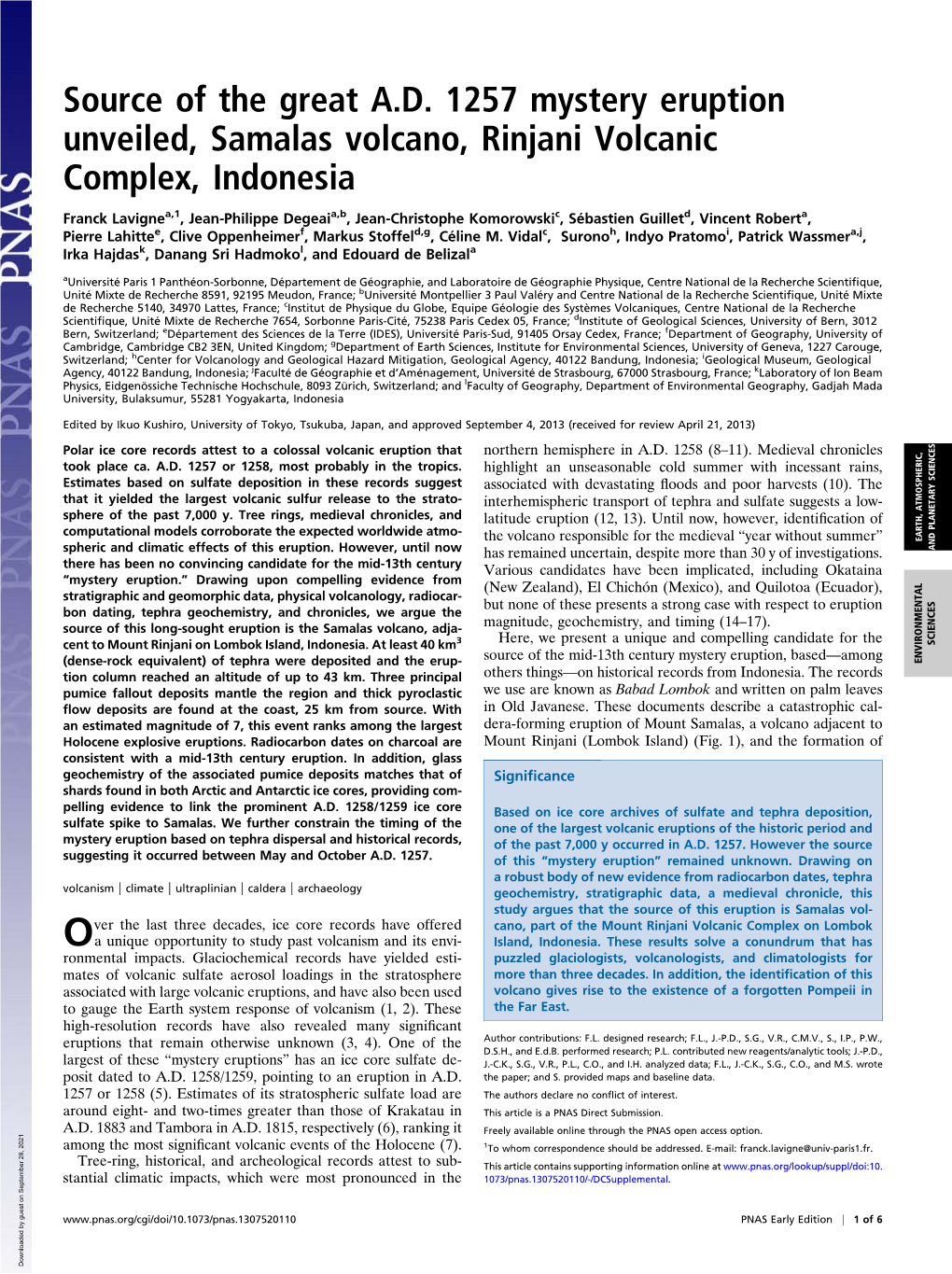 Source of the Great A.D. 1257 Mystery Eruption Unveiled, Samalas Volcano, Rinjani Volcanic Complex, Indonesia