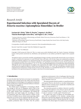 Research Article Experimental Infection with Sporulated Oocysts of Eimeria Maxima (Apicomplexa: Eimeriidae) in Broiler